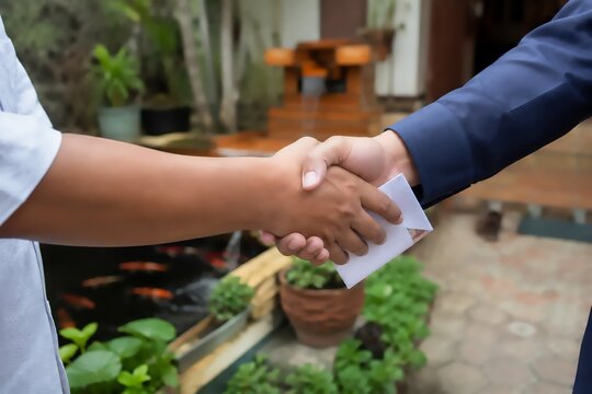 Hands shaking with money envelope in Indonesian salam tempel tradition