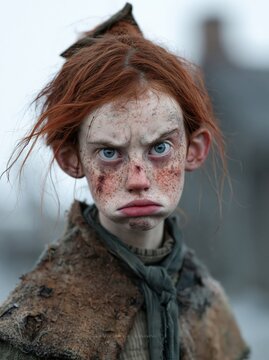 Gritty portrait of a red-haired child with freckles