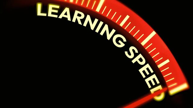Learning speed gauge meter with glowing needle moving to high performance, academic progress, education metrics, skill development tracking, analysis, testing, data visualization