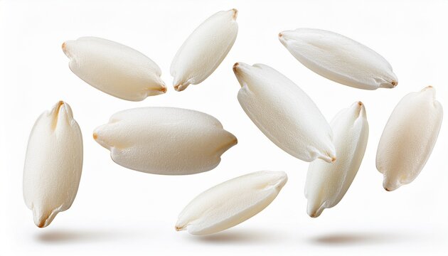 rice grains levitating macro food texture isolated on white background