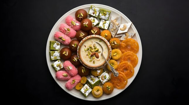 Assorted indian sweets platter including gulab jamun, jalebi, kaju katli, and rabri, arranged on a white plate against a black background