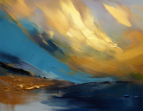 texture oil and acrylic smear blot painting landscape abstract gold and blue color stain brushstroke paper background contemporary art