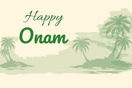 Happy Onam Festival Greetings with Tropical Palm Trees and Water