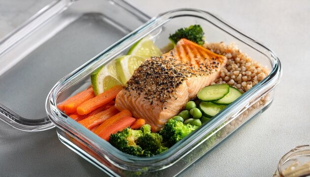healthy meal prep with grilled salmon vegetables and grains in glass containers