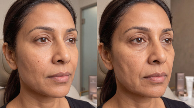 Facial aging before and after comparison of South Asian woman showing nasolabial folds and skin sagging