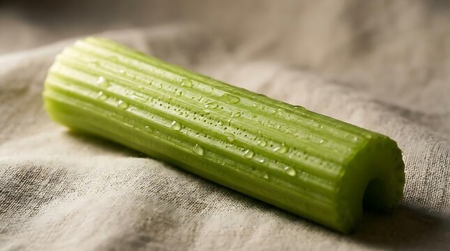 Single fresh green celery stalk on rustic fabric.