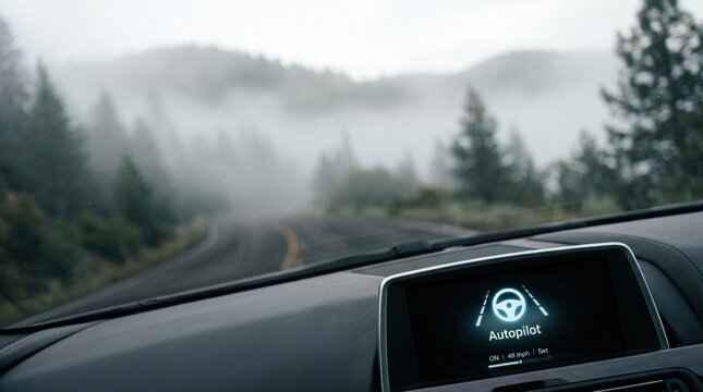 Car dashboard display showing Autopilot active interface while driving along misty mountain road through evergreen forest, representing autonomous driving tech.