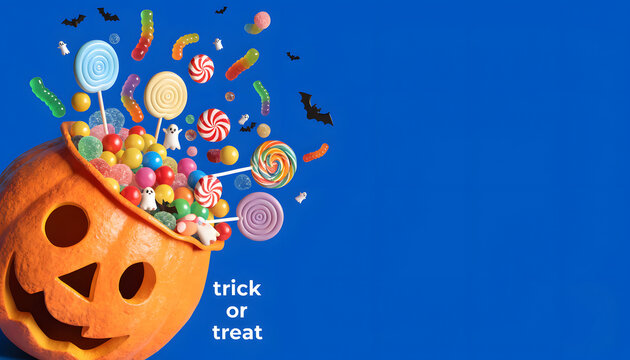 Trick or Treat 3D Jack O Lantern Pumpkin Spilling Candies on Blue Background