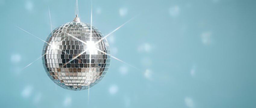 Shimmering disco ball suspended against soft blue background
