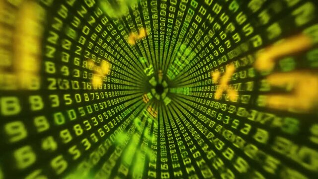 Tunnel of swirling green digital numbers, binary code stream, data processing, cyberspace motion background for technology, software development, internet security