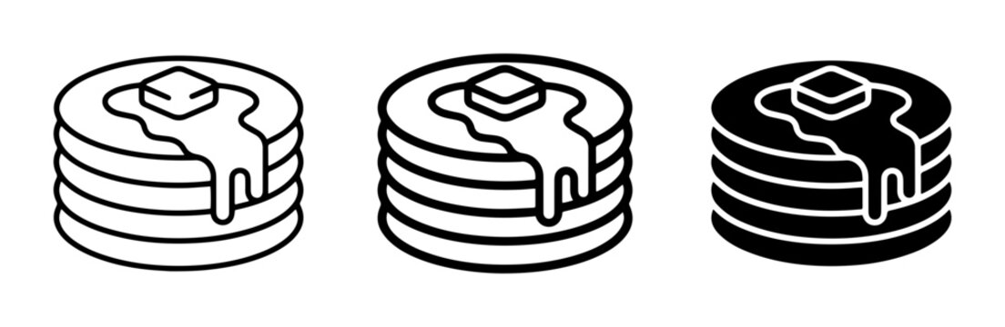 Pancake Icons Set: Stacked Breakfast Food Graphics, Syrup Drizzle, Butter Topping, Outline and Solid Styles