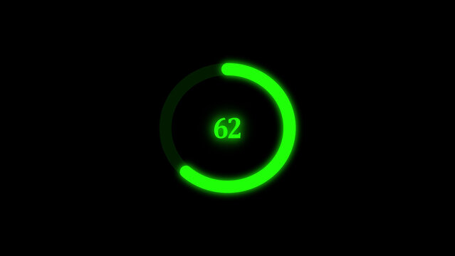 A bright neon green circular loading progress bar indicator featuring the number sixty-two in the center, set against a solid black background, representing digital data transfer or process