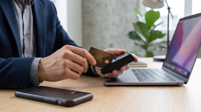 Close up of businessman using credit card reader for contactless payment at desk with laptop, online shopping and e-commerce transaction, modern banking and finance technology.