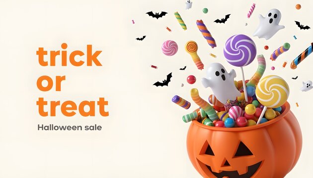Trick or Treat Halloween Sale Banner 3D Pumpkin Bucket Overflowing with Candies and Ghosts