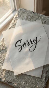 Handwritten sorry note on white paper near window with sunlight