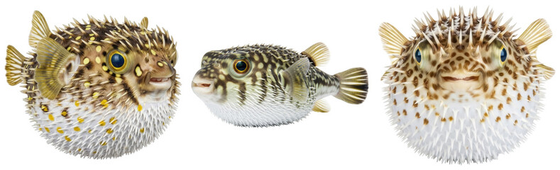Three charming pufferfish in various poses, showcasing their unique spiky texture, isolated on a transparent background. © BaoNgoc