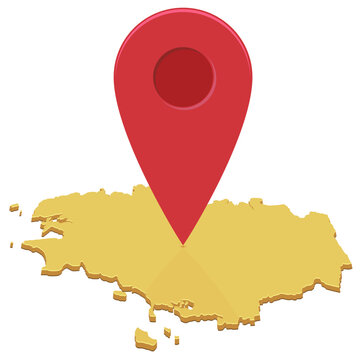 3D isometric map of Brittany with a large red pin pointer representing geographical location, travel destination, navigation, and local business tracking (cut out)