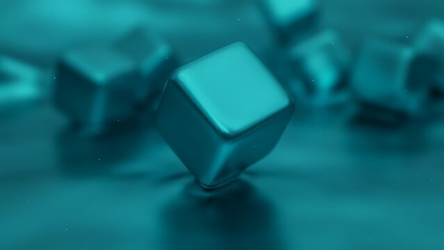Close-up of metallic teal cube on a smooth liquid surface with scattered light particles and shallow depth of field, abstract 3d art.