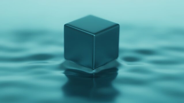 Single dark teal metallic cube partially submerged in rippling water creating minimalist abstract modern design for technology or science concepts.