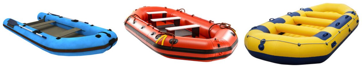 Three distinct inflatable rubber boats for white water rafting and leisure activities. © BaoNgoc