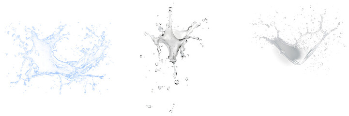 Dynamic water splashes captured in mid-air, showing various shapes and forms, isolated on transparent background. © BaoNgoc
