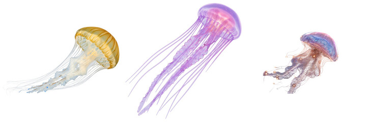 Stunning vibrant jellyfish in golden, purple, and blue hues, gracefully floating and isolated on transparent background. © BaoNgoc