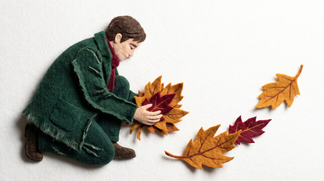 Young man collecting fallen leaves in autumn landscape  