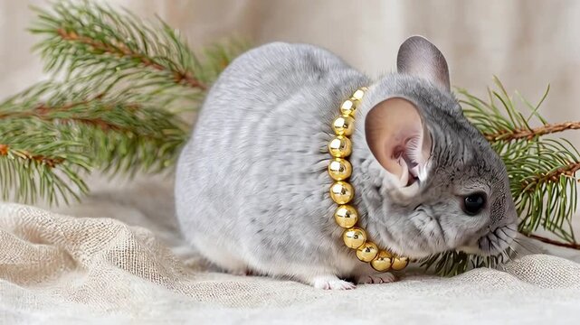 ?Adorable chinchilla wearing festive necklace exploring pine branch