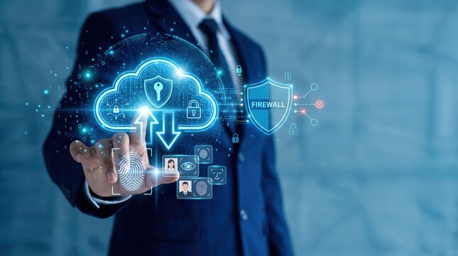 Cybersecurity concept featuring cloud computing, firewall protection, biometric authentication, and digital data security network interface