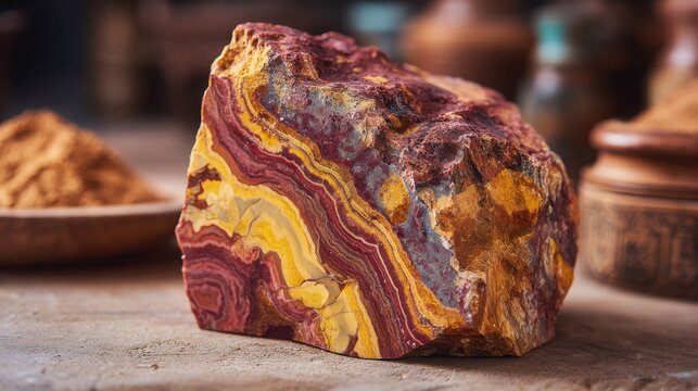 Striking Mookaite Jasper slice showcasing vibrant swirling patterns of red, yellow, and purple, a natural geological wonder.