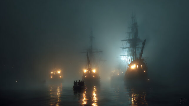 Historic tall ships navigate misty waters illuminated by ship lights at night
