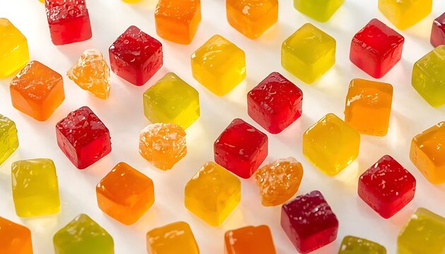 Colorful fruit jelly cubes. Sweet gummy candy squares isolated on a transparent background.
