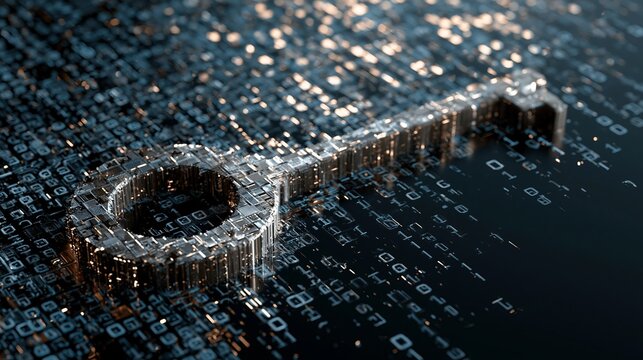 Metallic digital key rests on glowing binary surface featuring sharp focus and intricate circuit textures in a dark moody atmosphere