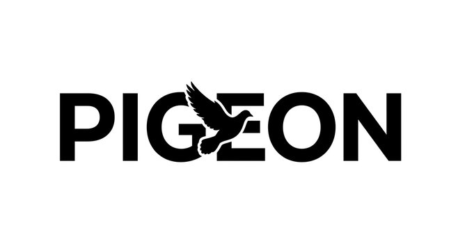 Creative typography logo design featuring the word PIGEON integrated with a silhouette of a flying dove in black and white