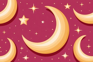 Fototapeta premium Golden crescent moons and sparkling stars on deep pink background