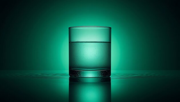 Clear glass filled with pure water and minimal condensation on dark reflective surface with glowing green background suitable for health and wellness promotion.