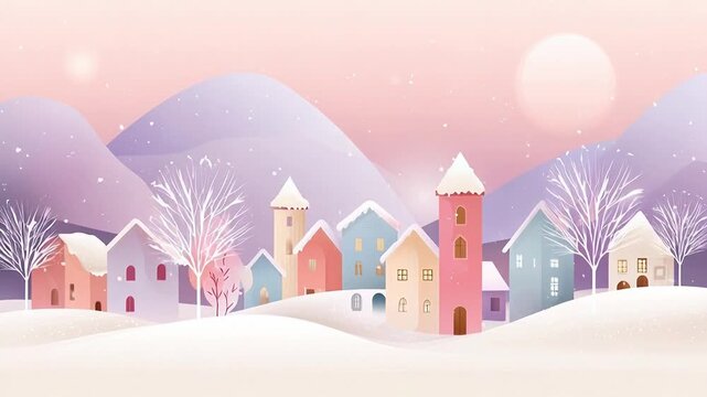 ?Charming winter wonderland animation with snowfall and pink skies