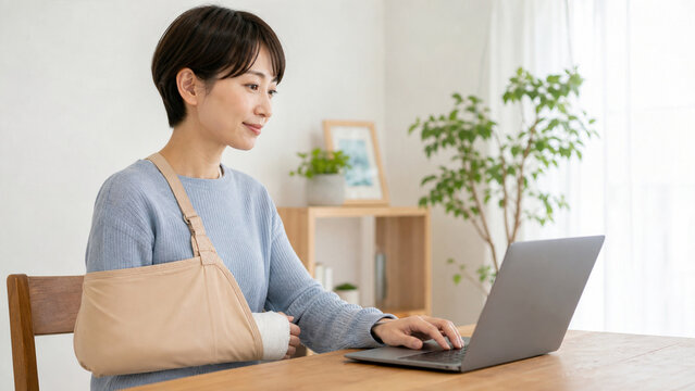 腕を三角巾で固定して自宅で仕事をする日本人女性