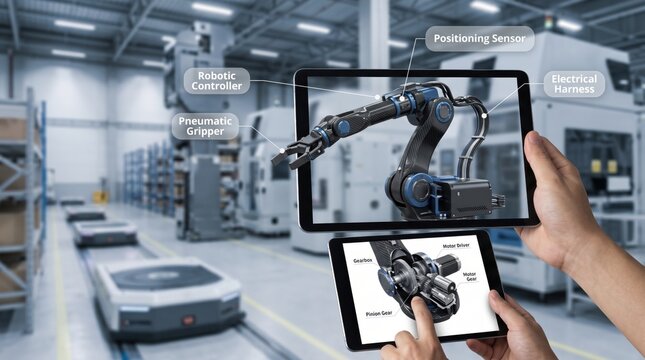 Augmented reality robotics industry maintenance, technician using tablet to inspect robotic arm components and sensors in smart factory.