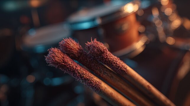 Close-up view of worn leather drumsticks with frayed ends and textured grips resting near a drum