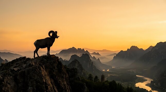 Silhouetted bighorn sheep on rocky mountain peak at golden hour