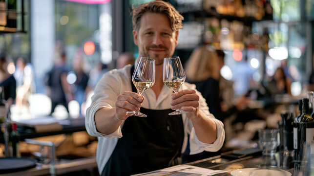 Wine sommelier stands at busy urban restaurant bar holding two glasses at eye level in before-and-after compositional split, student loan relief paperwork visible under counter edge, city pedestrian