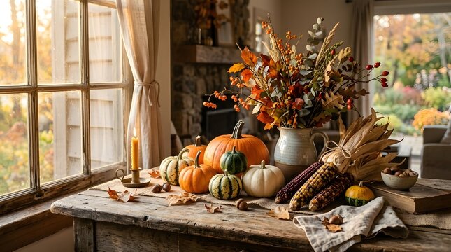 Autumn harvest display with pumpkins, gourds, and dried flowers on rustic wooden table by window
