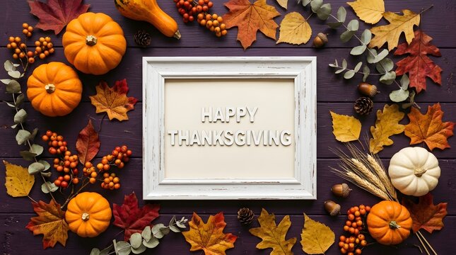 Happy Thanksgiving Day fall harvest celebration with pumpkins gourds and autumn leaves centerpiece