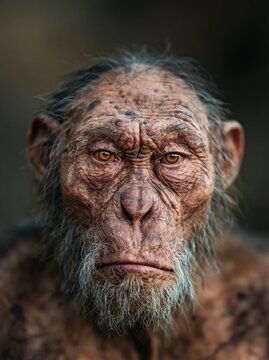 Detailed portrait of an ancient hominid with a weathered face