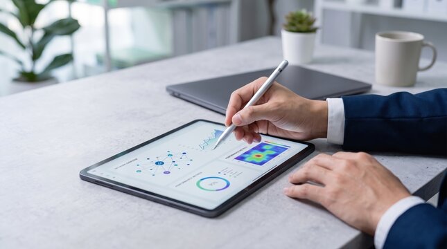 Professional hand analyzing financial charts and graphs on digital tablet using stylus pen in modern office workspace for business strategy planning and market research analysis