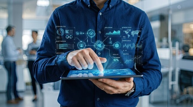 A professional engineer uses a tablet to interact with advanced digital holography data in a modern high tech research facility
