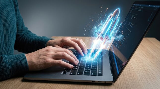 A close up view of a person using a laptop with advanced digital holography technology projecting a glowing rocket