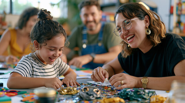 A group of crafters around an industrial worktable in a converted factory space celebrating a child losing a first tooth, handmade confetti and sculpted felt decorations covering the surface, etsy a