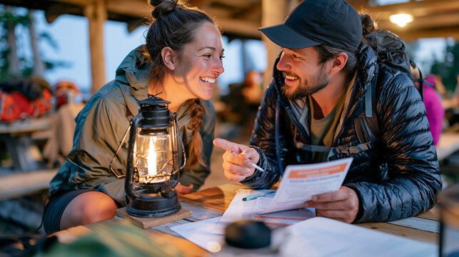 A hiking guide crouches beside a candle lantern at dusk on a mountain trail shelter table, the candlelit atmosphere illuminating her face as she quietly advises a solo hiker on a printed smoking ces